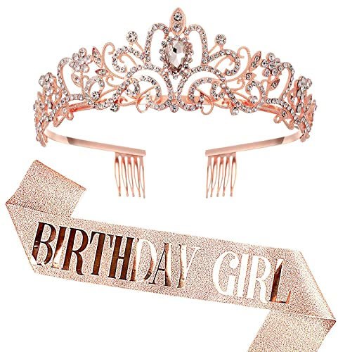 HENGBIRD Geburtstag Krone Schärpe, Kronenkristall Tiara, Geburtstagskrone Schärpe Geburtstagskrone Geburtstag Tiara Krone 13.-70.Frauen Mädchen Geburtstag Tiara für Dekorationen (Roségold)