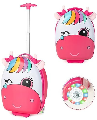 RELAX4LIFE Valigia Trolley 16'' per Bambini con Ruote Lampeggianti e Maniglia Retrattile a 2 Livelli, in Plastica ABS e PC, per Asilo Scuola e Viaggio, 33x22x68,5-83,5cm (cavallo rosa)