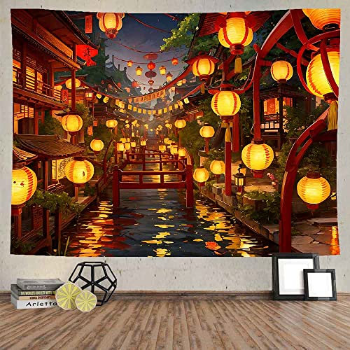 Ine Ive Tapisserie murale japonaise 203 x 152,4 cm, rues japonaises remplies de lanternes pour chambre à coucher, salon, dortoir