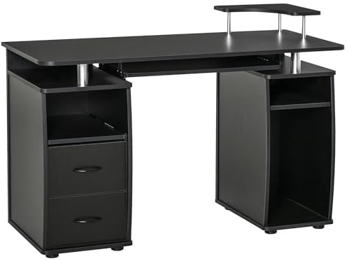 HOMCOM Mesa de Ordenador PC 120 cm Mesa Escritorio de Oficina con Múltiples Estantes 2 Cajones Bandeja de Teclado y Soportes para Monitor CPU 120x55x85 cm Negro