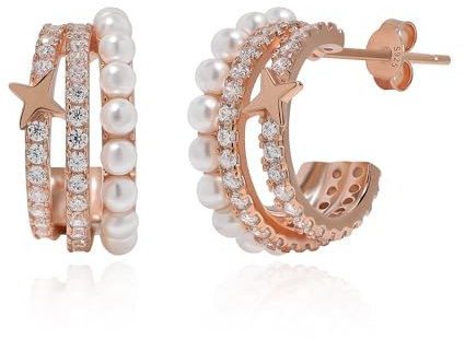 Meissa Orecchini Donna Argento 925 Orecchini Perle Oro rosa Orecchini Cerchio con Zircone cubico Stella Orecchini Ipoallergenico Gioielli Regalo Donna Mama spose, Oro rosa