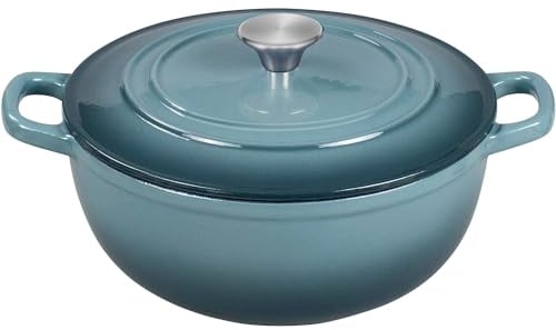 Flavehc Horno holandés con tapa, 4.8 cuartos de galón, horno holandés de hierro fundido esmaltado azul pizarra con asas