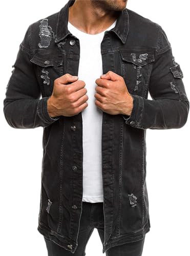 MQYXGS Herren lässige Jeansjacke mit zerrissenen Löchern und Knopfleiste Jeansmantel lässige leichte Herrenjacke lässige Jeanshemden langärmliges Hemd Baumwolle Gewaschene Jeansjacke Arbeitshemd