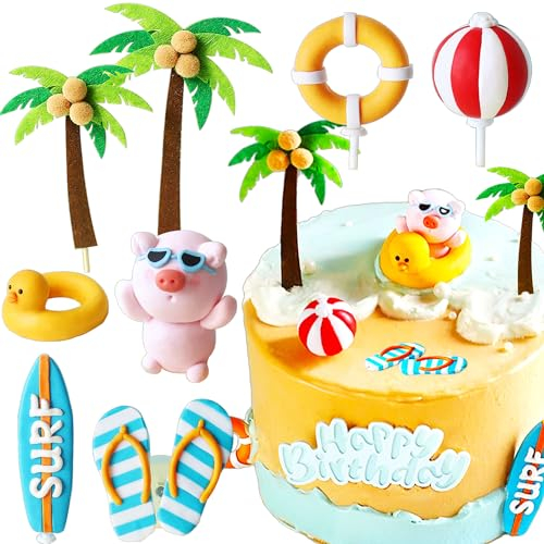LaVenty Surf Birthday Cake Decoration Surfing Birthday Decoration Beach Surf Wave Cake Topper Surfboard Swimming Slippers Lifebuoy Cake Surf Birthday Party Supplies