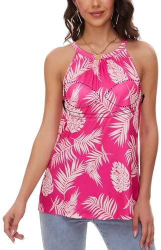 ANYFITTING Women Halter Tank Top with Built in Bra Loose Fit Flowy Camisole Tops Casual Padded Halter Neck Tops Cami Summer Home Vest UK Pink Leaves Print L