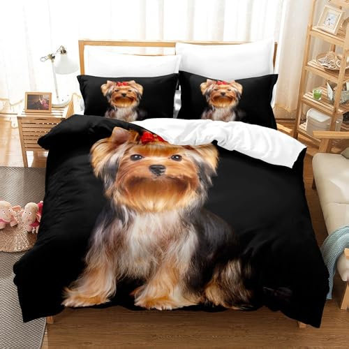 NDXRWDZR Bettwäsche 135x200 Schwarzer Yorkshire-Terrier Bettwäsche-Set mit Reißverschluss Schließung für Kinder Weicher Atmungsaktive Mikrofaser Bettbezug + 2 Kopfkissenbezug 80x80 cm