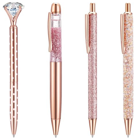 Fadwits 4pcs Pens Bling Metal Pens Rose Gold Ballpoint Pens Click Retractable Ballpoint Pens 1.0mm Black Ink Stationery Office Desk Accessories for Men, Women, Students