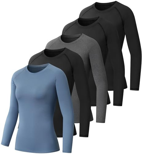 NebuKinex 5 Pack Women's Compression Shirt Long Sleeve Workout Tops Athletic Baselayer Quick Dry Gym Yoga Running T-Shirt, 3black+Grey+Blue, XL