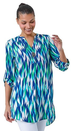 Roman Originals Shirt for Women UK Ladies Longline Top Collarless Blouse Smart Tunic Casual Evening Relaxed Fit 3/4 Length Sleeve Notch V Neck Long - Blue Green - Size 14