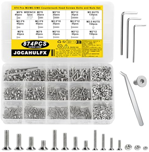 874 Pezzi M2 M2.5 M3 Viti Bulloni e Dadi Set, Viti a Testa Piatta con Esagono Incassato, Set di Viti a Esagono Incassato e Bulloni, Viti Bulloni a Testa Svasata, Dadi e Bulloni a Testa Esagonale