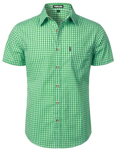 PARKLEES Men's Casual Plaid Button Down Shirt Cotton Short Sleeve Gingham Dress Shirts Regular Fit with Pocket Green Gingham Large