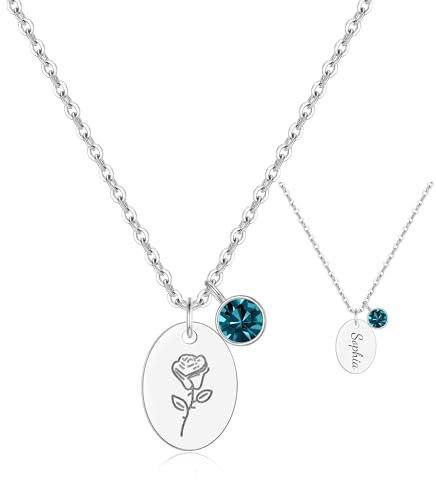 Personalised Double Sides Oval Disc Necklace Engraved Birth Month Flower, Birthstone and Name Reverse, (Silver, Rose gold, Gold) Birthday Gift for Wife, Mother, Grandmother Sister Auntie Gift Box