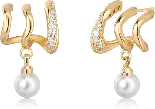 Jenosy Gold Ohrringe Welle Dangle Drop Gold Ohrringe Offnen Ohrringe Damen mit Perle Cubic Zirconia Ohrringe Creolen Handmake Hypoallergenes Schmuck