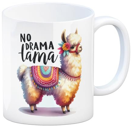speecheese Alpaka mit bunter Satteldecke Kaffeebecher mit Spruch No Drama Lama Flauschig und Farbig Farbenfrohe Satteldecke