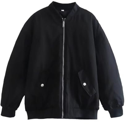 Damenjacke, einfarbig, lockere Tasche, Stehkragen, Reißverschluss, Plissee-Jacke, gepolsterte Jacke, niedliche Flanell, Schwarz , XL