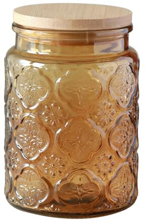 Jarsense Glass Jar 700ml Glass Sealed Jar with Bamboo Lid Household Food Grade Storage Jar Coffee Bean Tea Leaf Jar Storage Jar Begonia Pattern (Yellow)