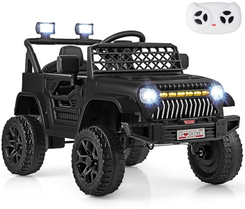 GYMAX Kids Ride on Car, 12V Battery Powered Toy Car with Remote Control, Lights, Music, Horn, Bluetooth, USB, Shock Suspension and Slow Start, Children Electric Off Road Truck for 3 Years Old+ (Black)