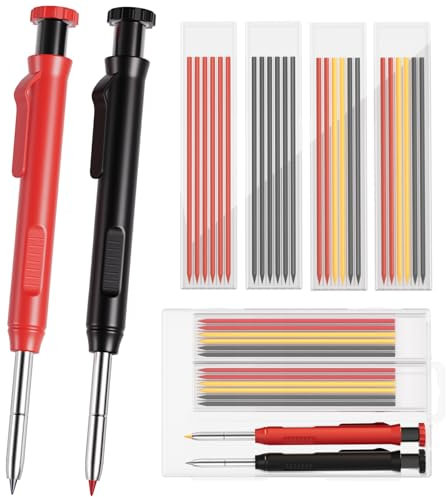 HAUTOCO Tischler Bleistifte Set, 2 Mechanische Zimmermannsbleistifte mit 26 Minen und Eingebauter Anspitze, Tieflochmarker Bleistift, Markierstifte für Holzbearbeitung Baustelle - mit Etui