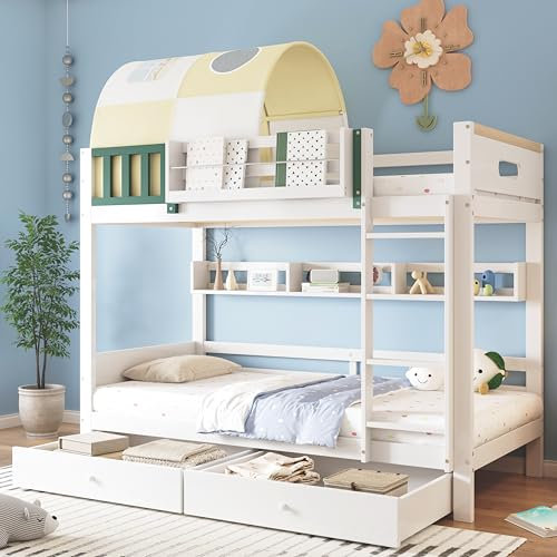 Wiuzo Litera, cama de casa, cuna, litera superior con tienda pequeña, con protección contra caídas y rejilla, con escalera de cuatro niveles, dos cajones con ruedas, pino+MDF, blanco+amarillo verde,