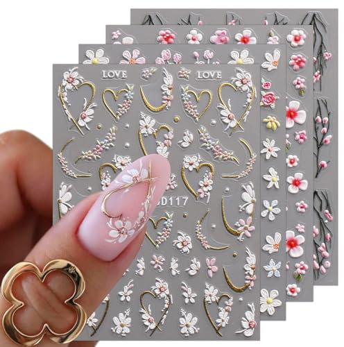 JMEOWIO 3D Fleurs Stickers Ongles Nail Art, Autocollants Ongles Autoadhésif 5D Deco Ongle Nail Art Design Manucure 4 Feuilles