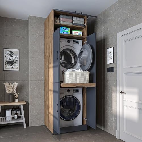 ROOMART Dora - Armadietto per lavatrice e asciugatrice in 4 colori, con ante e tavola estraibile (rovere antracite - 230 cm di altezza)