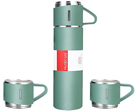TFixol Bouteille thermos isotherme de 500 l avec 2 tasses en acier inoxydable - Tasse de voyage étanche pour boissons chaudes et froides - Vert