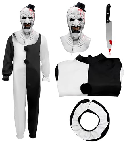Huraogcos Terrifier Kostüm Art der Clown Kostüm Halloween Killerclown Kostüm Gruselige Terrifier Mask Weißer Overall Outfits Cosplay Party
