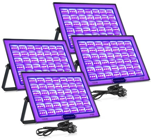 BOWEICORE UV Schwarzlicht 100W 4 Stück Blacklight, IP66 Wasserdichte Schwarzlicht Led Strahler, UV Licht Schwarzlichtlampe, für Disco, Glow Party, Halloween Deko, Bühnenbeleuchtung, Party Zubehör