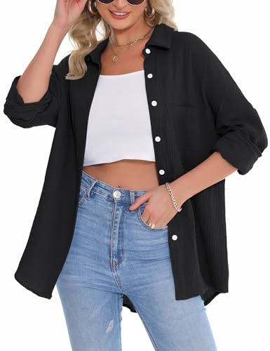 Aottori Musselin Bluse Damen Oversize Hemdbluse Oberteile Langarm Hemd Longbluse Langarmshirt Elegant V-Ausschnitt Baumwolle Lockere Blusenshirt Blusen Tunika mit Tasche #Schwarz XXL
