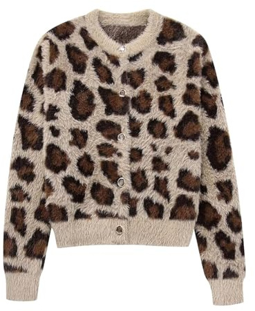 Damen Cardigan im Leopardenmuster - Flauschige Strickjacke mit Knopfleiste | Modischer Animal-Print-Cardigan für Herbst und Winter