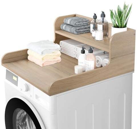 Kaboon Washer Dryer Countertop 2 Tier 28 inches Wide, Laundry Shelf Topper with Edge, 28 W x 28 D x 12 H Laundry Space Organizer, Oak(Grey Tone)