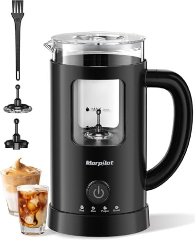 Montalatte Elettrico, Morpilot Montalatte Caldo e Freddo 4 in 1, 550 W 600 ml, Design Latte, Vetro di Visualizzazione, Spegnimento Automatico, Facile da Pulire
