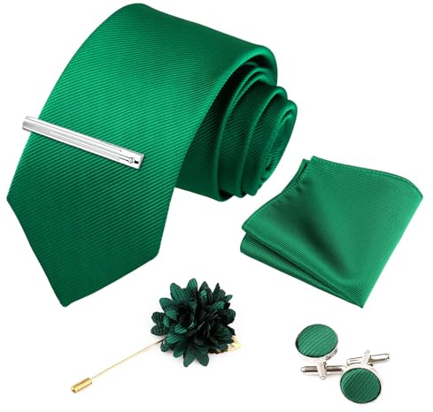Xynovate Einfarbige Krawatte, Herren krawatte, Herrenfliege und Einstecktuch mit Manschettenknöpfen Set, Klassische Formelle Elegante Krawatte für Business, Hochzeit, Feier, Weihnachten，Grün-3