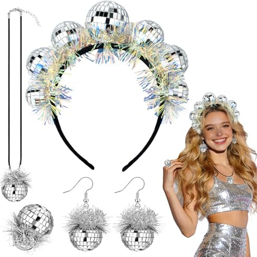 Bukbas Discokugel Kostüm, 4 Stück Discokugel Haarreif, Ohrringe, Ringe und Halskette Disco Kostüm Damen 70er/80er Jahre Outfit Accessoires für New Year Fasching Mottoparty Karneval Kostüm