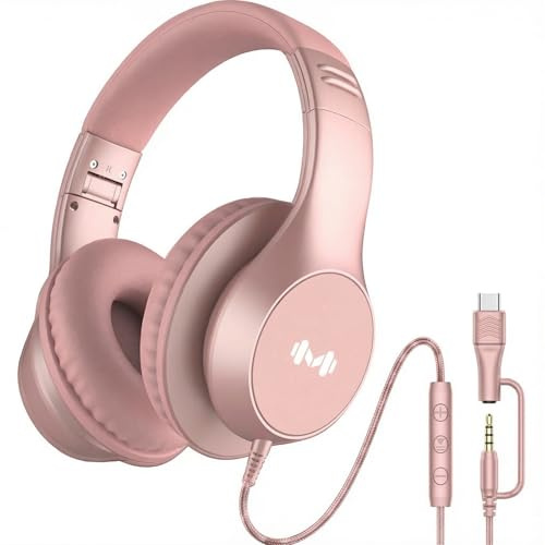 MartiAudio Wired Over Ear Headphones with Mic, USB-C Adapter, Rose Gold | USB-C adapter included, 3.5mm wired connection, comfortable ear cushions, lightweight design for work, calls and daily use.