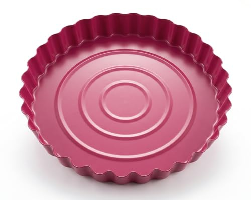 Wohnando Obstkuchenform 28 cm Tarteform - Backform Antihaftbeschichtung | Runde Karbonstahl Quicheform mit Wellenrand, ofenfest bis 230°C, ideal fuer Obstboden & Tartes, Farbe Magenta
