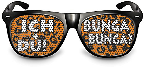 cooleartikel Partybrille Motiv „Ich+Du Bunga Bunga?“ | beklebte Sonnenbrille | Spaßbrille für Mottoparty | Atzenbrille mit UV-Schutz | UV 400 Filter 3 | Schwarz