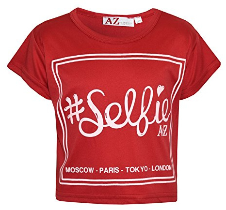 Girls Top Kids #Selfie Print Stylish Fahsion Trendy T Shirt Crop Top 7-13 Years Red