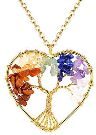 FOCALOOK Collier Femme Plaqué Or Jaune Chaîne 75cm Pendentif Coeur Arbre de Vie avec 7 Chakra Pierres Naturelles Bijou Fille Fantaisie