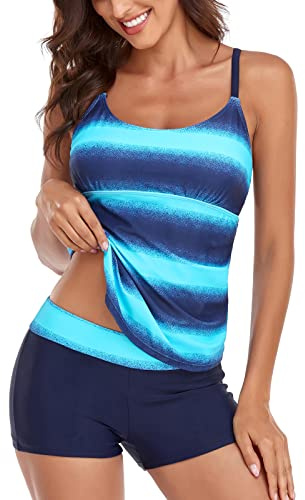 Sixyotie Donna Costumi da Bagno di Due Pezzi Strisce Colore Sfumato Due Pezzi Tankini Moda Boyshort