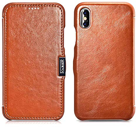 ICARER Hülle passend für Apple iPhone XS und iPhone X, Handyhülle mit echtem Leder, Case, Schutz-Hülle klappbar, dünne Handytasche, Slim Cover, Vintage Braun