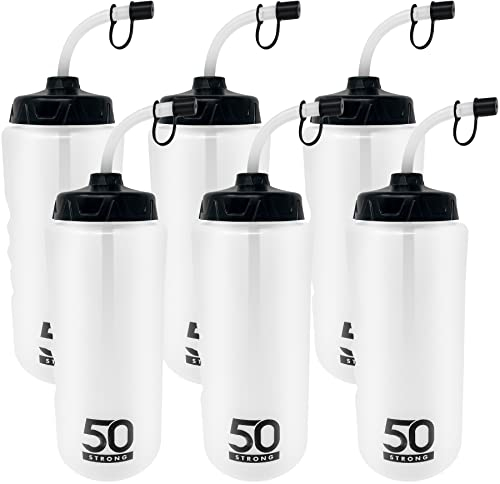 50 Strong 1 litro deportes botella de agua w/paja - fácil squeeze + construido en el agarre con los dedos & carry loop - bpa plástico libre - single y multi-pack (claro/negro, paquete de 6)