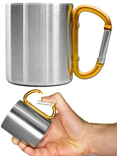 Outdoor Saxx® - Tazza da campeggio robusta con manico a moschettone, in acciaio inox, 250 ml (argento/arancione)