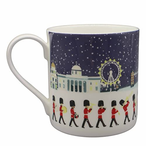 M & G Mustard & Gray London Seasons Mug – Fine Bone China Tea & Coffee Mug. London Souvenir with King’s Guard, London Landmarks. Made in England. (Winter Mug)