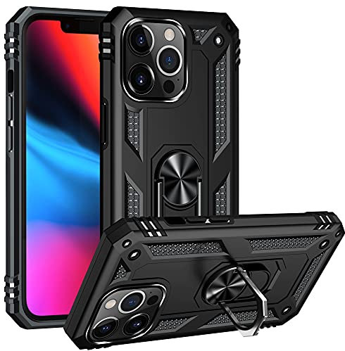 BestST Case Compatible with Apple iPhone 13 Pro 6.1 Case,Screen Protector Heavy Duty Shockproof Impact-Resistant Ultimate Armor Cover Bumpers Protective phone case,with Ring Kickstand,Black