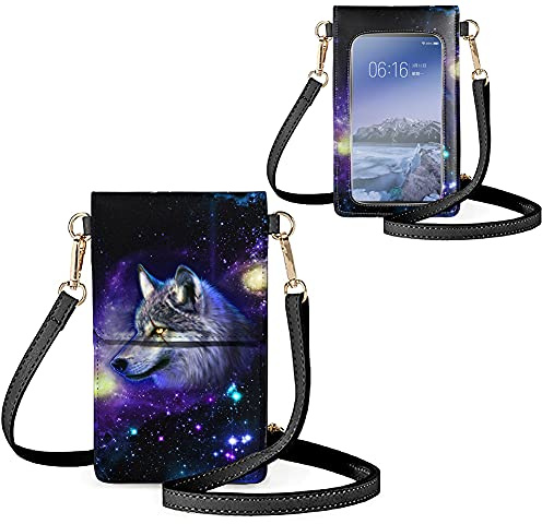 Biyejit Kleine Umhängetasche mit Touchscreen für Frauen, Handy-Schultertaschen, Kartenhalter, Geldbörse, Geldbörse, Galaxy Wolf