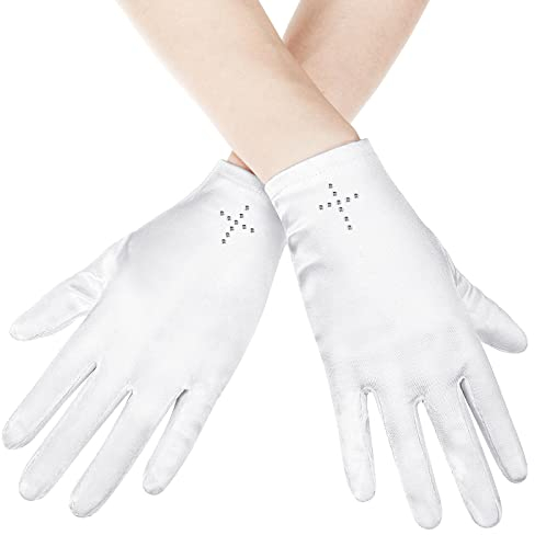 Geyoga Kommunionhandschuh aus Satin Handgelenklange Weiße Mädchenhandschuhe mit Strass Kreuz Heilige Kommunion Zubehör für Mädchen Prinzessinnen-Handschuhe mit Kurzen Fingern für Die Hochzeit