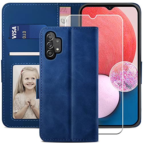 YATWIN Handyhülle Kompatibel mit Samsung Galaxy A13 4G/5G/A04S Hülle +1 Stück Panzerglas Schutzfolie, Klapphülle A13 Premium Leder Brieftasche Schutzhülle [Kartenfach][Stand] Handytasche Case, Blau