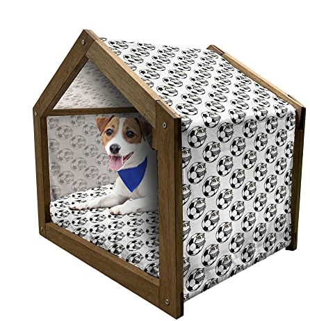 ABAKUHAUS Fußball Hundehütte aus Holz, Karikatur-lustige Maskottchen, tragbare Hundehütte für drinnen und draußen mit Kissen und Abdeckung, 55 cm x 75 cm, Schwarz, Weiß, Gelb