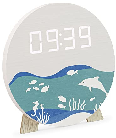 Navaris Design LED Digitaluhr aus Holz - Wanduhr Digitale Uhr - Tischuhr mit USB Kabel - Nachtdimmer 12 oder 24 Stunden - Holzuhr digital Standuhr - Ozean Print